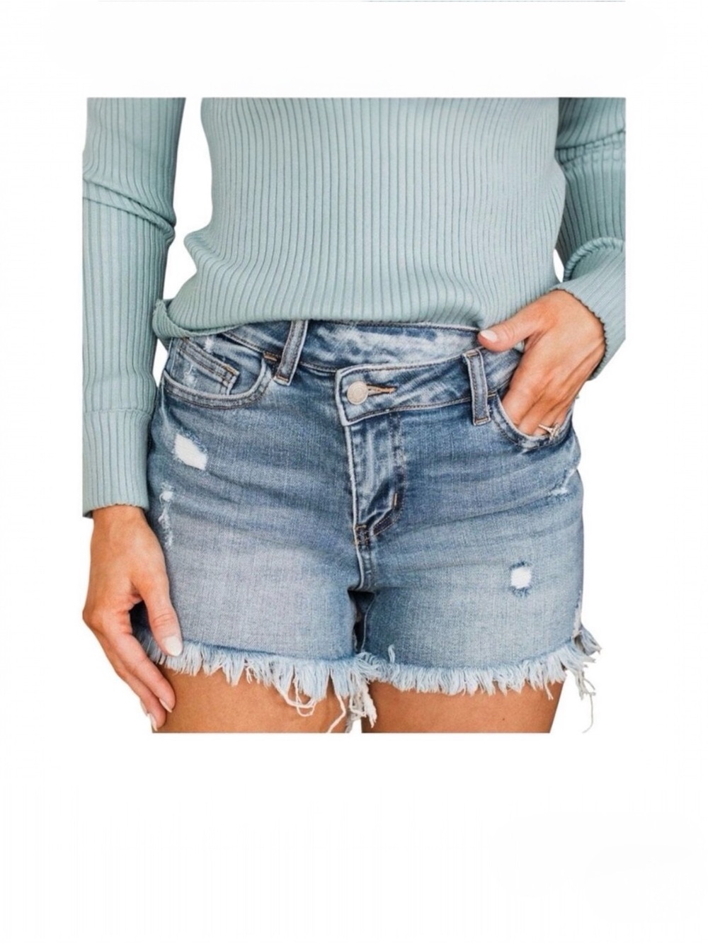 Vervet Rebecca High Rise Criss Cross Frayed Hem Distressed Jean Shorts Medium